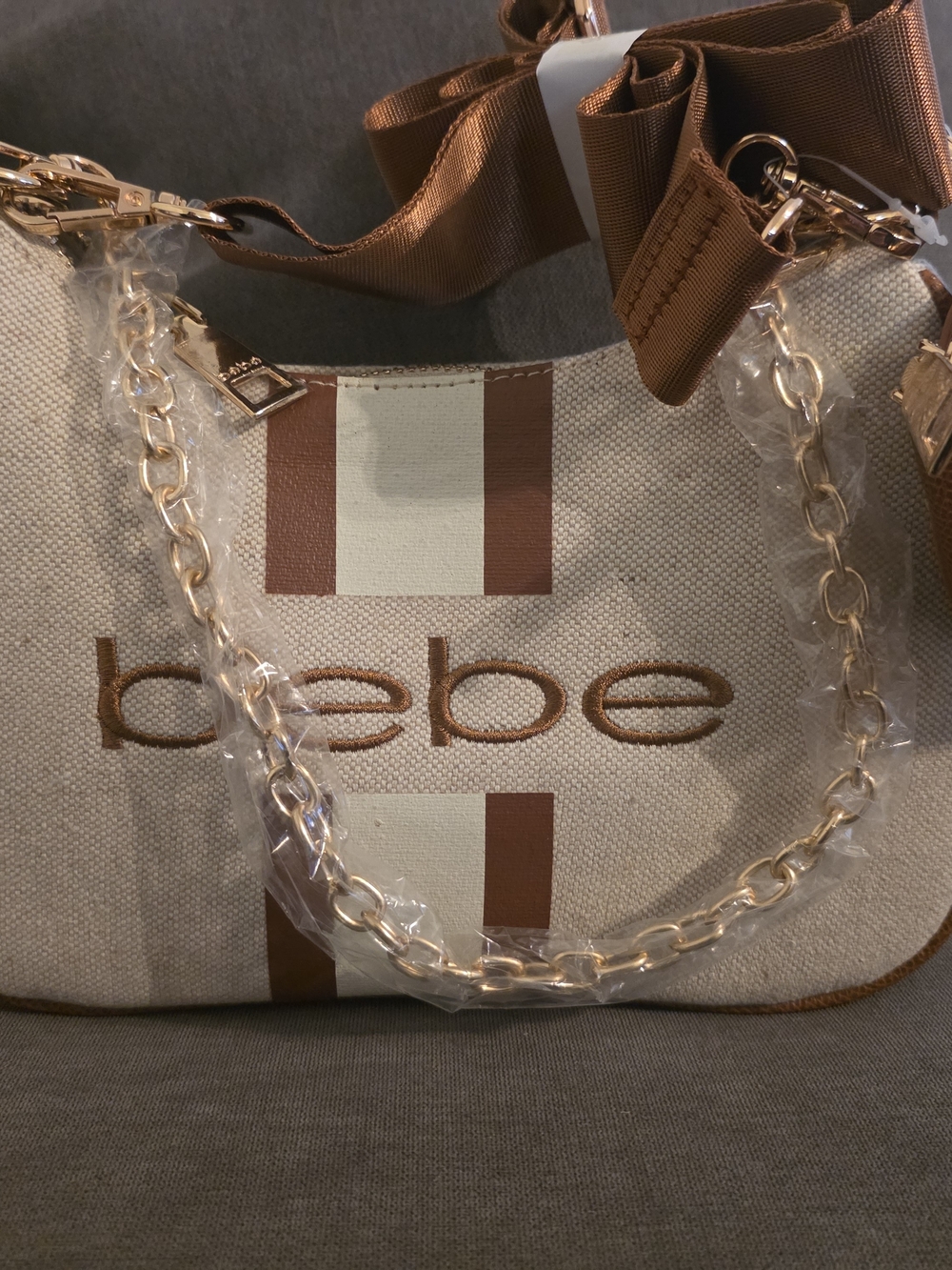 bebe Beige & Brown Canvas Shoulder Bag with Gold Chain